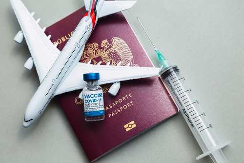 Picture of a passport that has a small airplane model sitting on top of it, small bottle of the covid-19 vaccine, and a syringe and needle for injection that is sitting next to the passport.