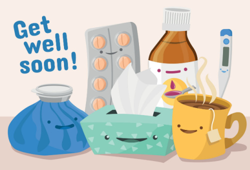 Picture of a graphic that has smiley faces on a box of tissue, a heating pad, prescription pills, prescription bottle, a cup of tea, and a thermostat.